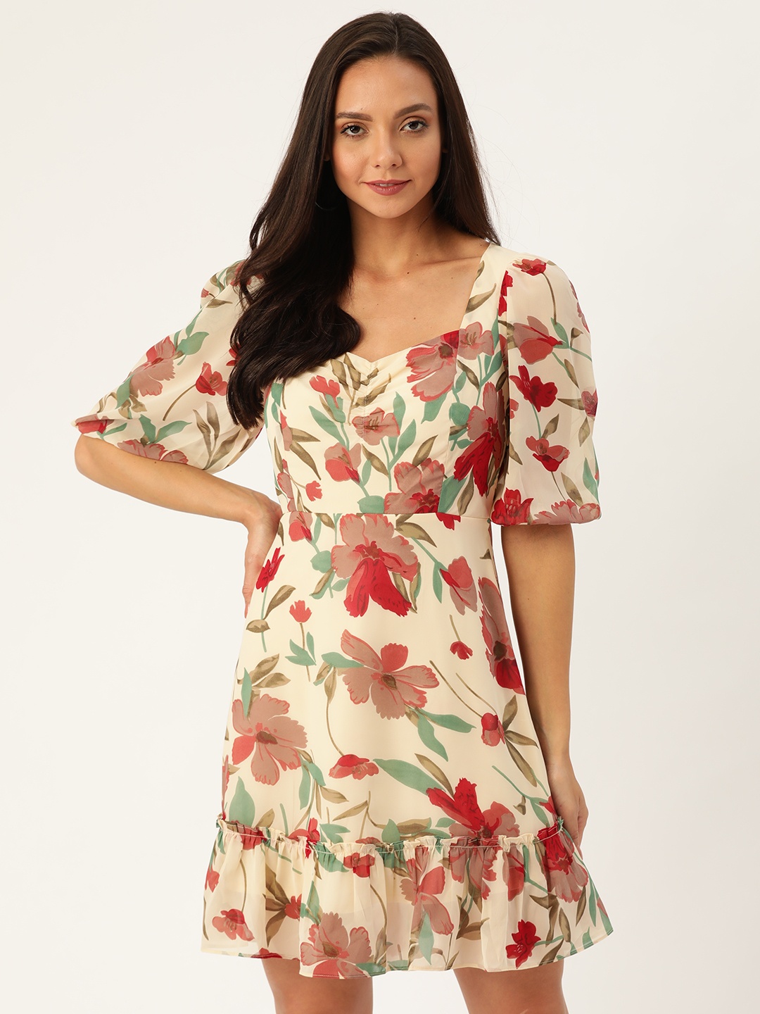 

20Dresses Cream-Coloured & Maroon Floral Printed A-Line Dress