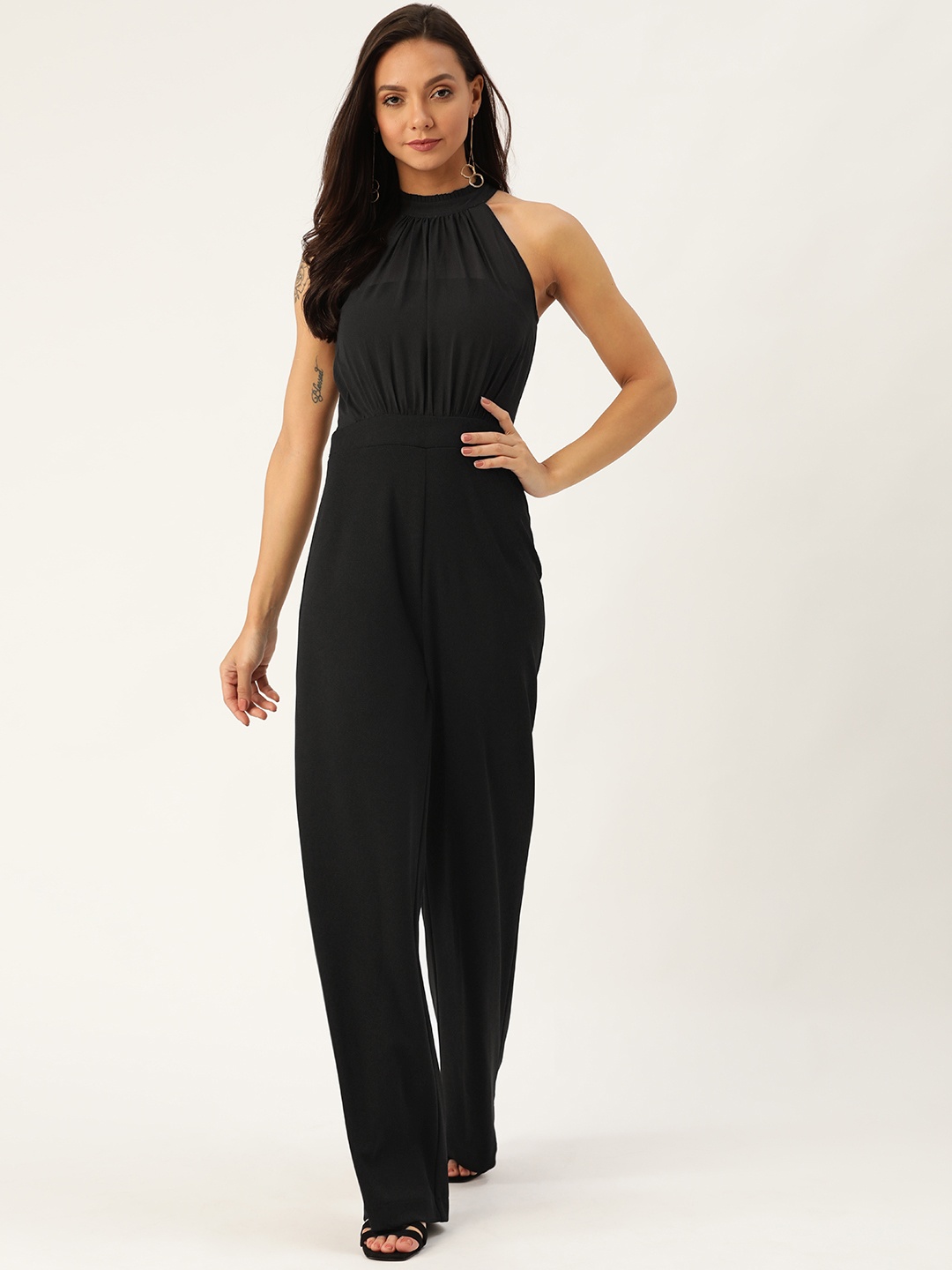 

20Dresses Women Black Solid Semi-Sheer Basic Jumpsuit