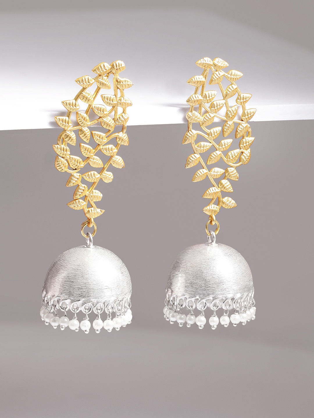 

Rubans Handcrafted Dual Tone Gold and Silver Plated Leaf Design Jhumkas with Pearl Beads