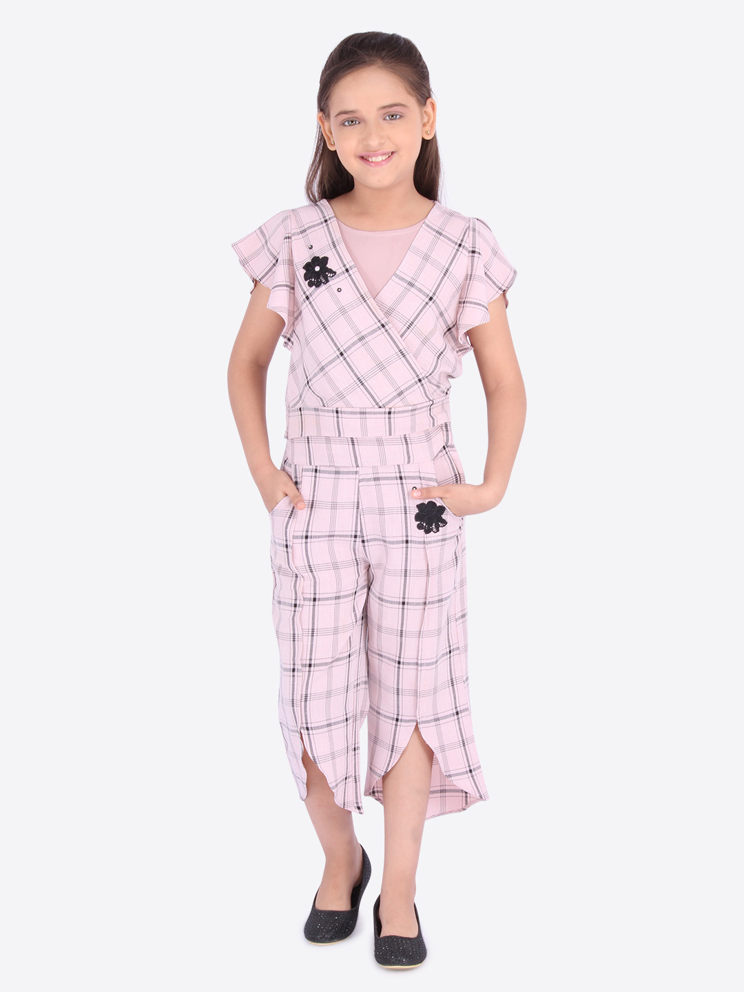 

CUTECUMBER Girls Pink & Grey Checked Top with Palazzos