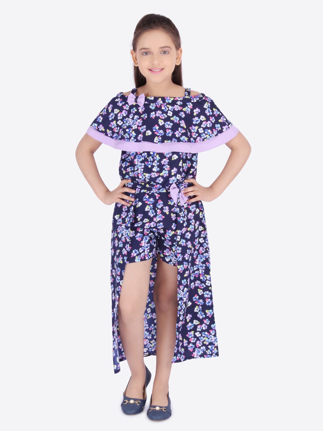 

CUTECUMBER Girls Navy Blue & Purple Floral Printed Top with Palazzos