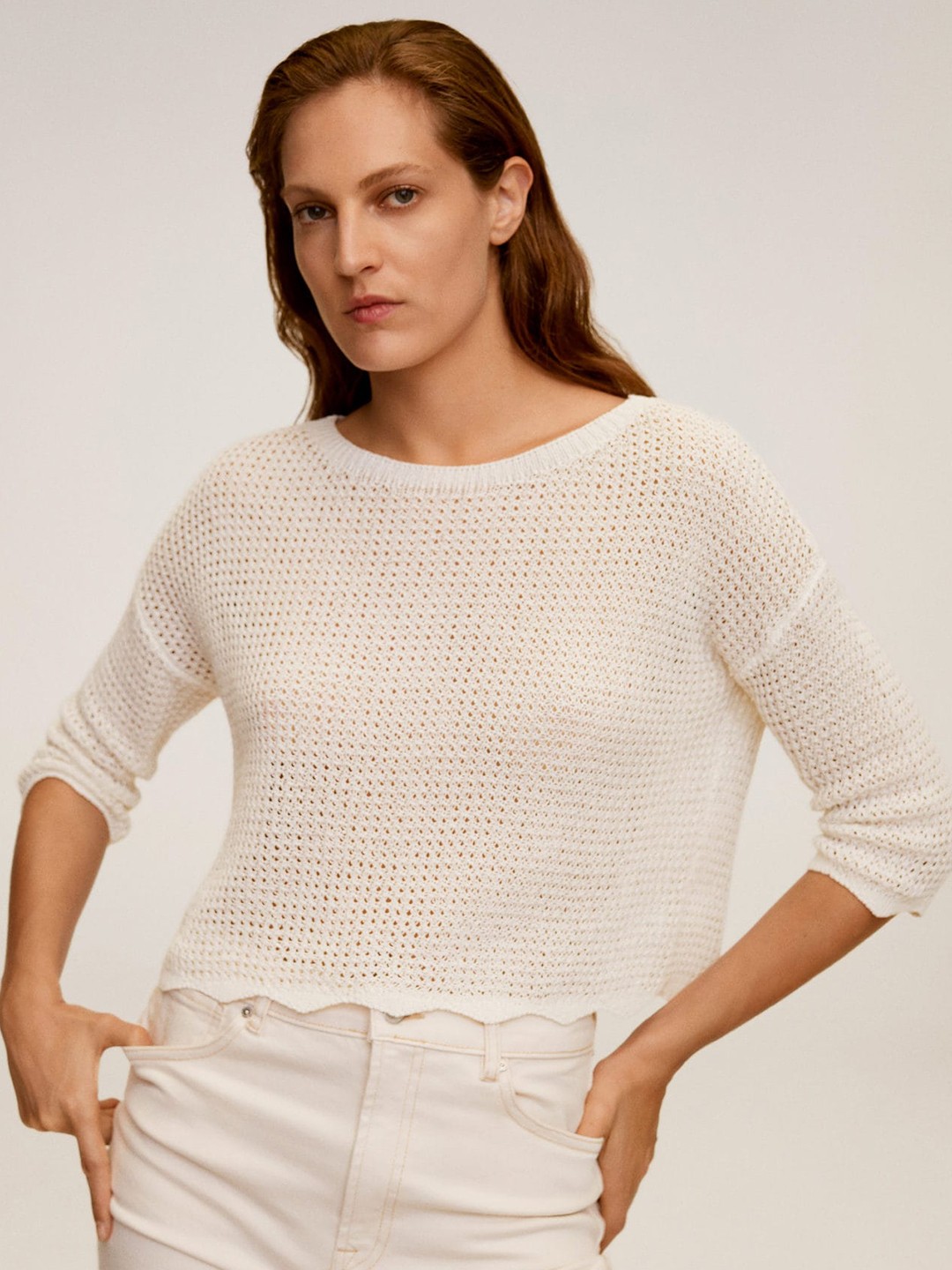 

MANGO Women Off-White Open Knit Pullover