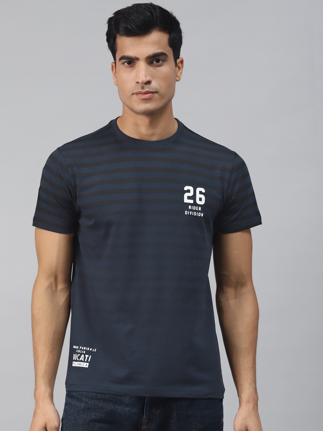 

Ducati Men Navy Blue & Black Striped Round Neck T-shirt with Printed Detail
