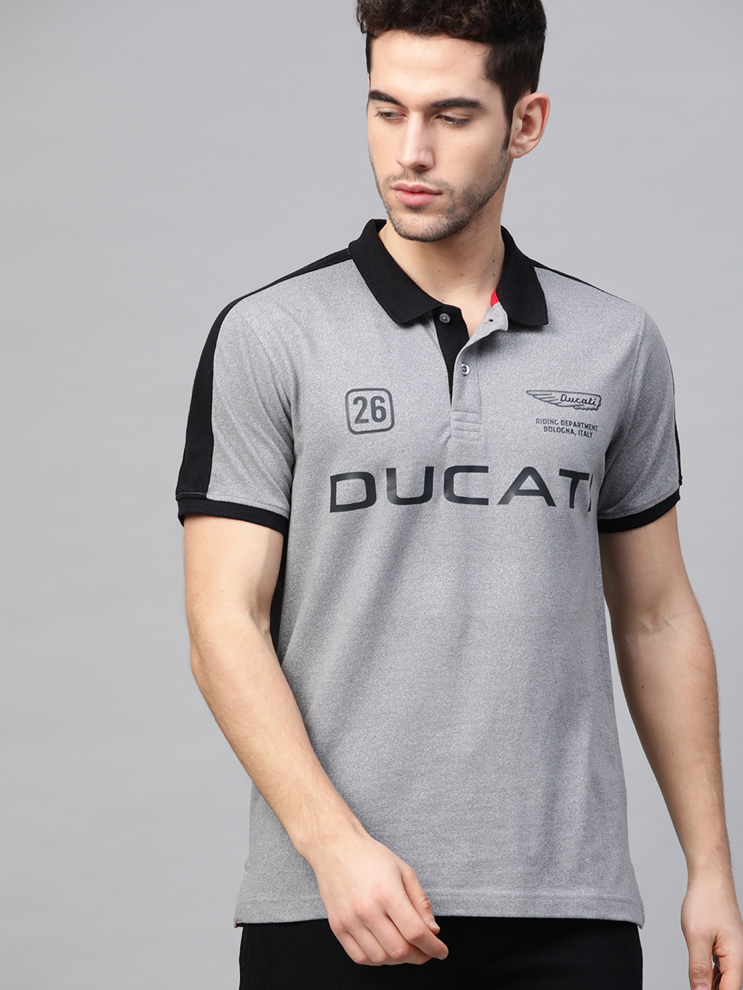 

Ducati Men Grey Melange & Black Printed Polo Collar T-shirt