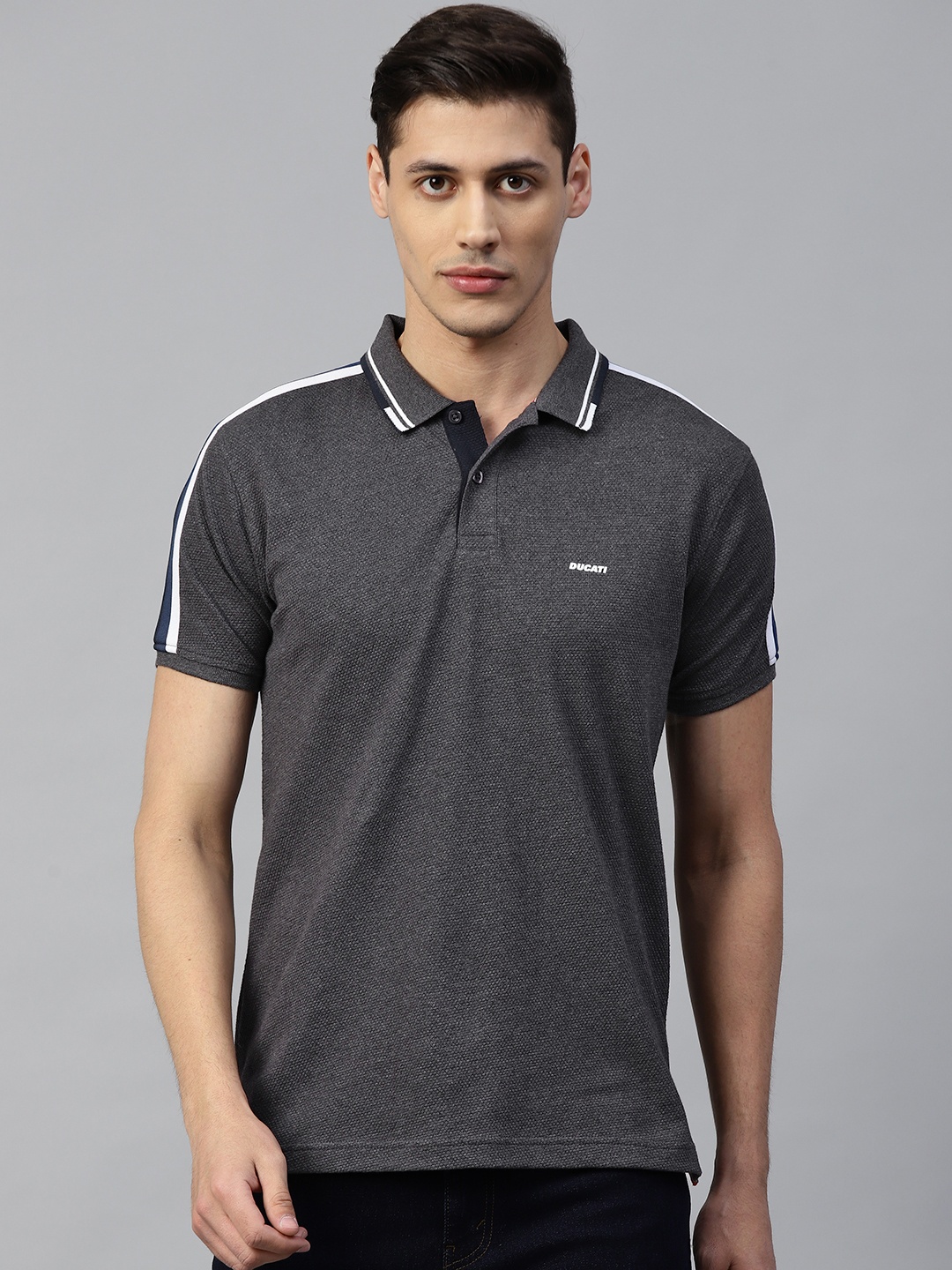 

Ducati Men Charcoal Grey Solid Polo Collar Pure Cotton T-shirt