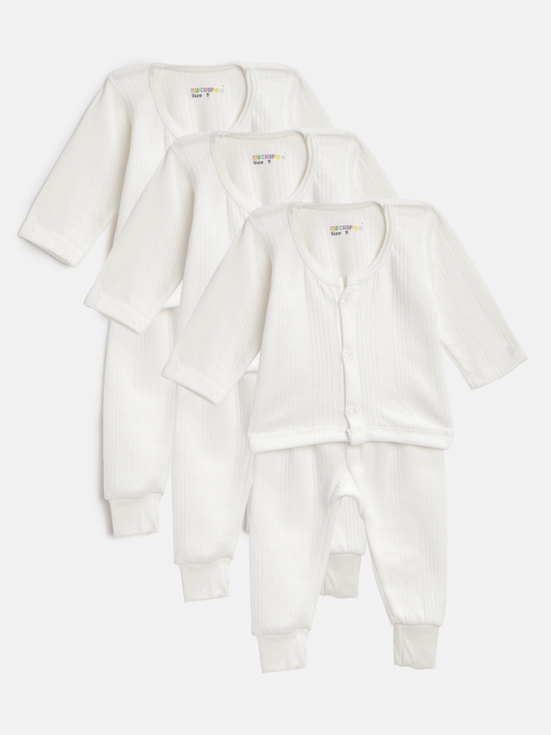 

KUCHIPOO Kids Pack of 3 White Self-Striped Thermal Sets