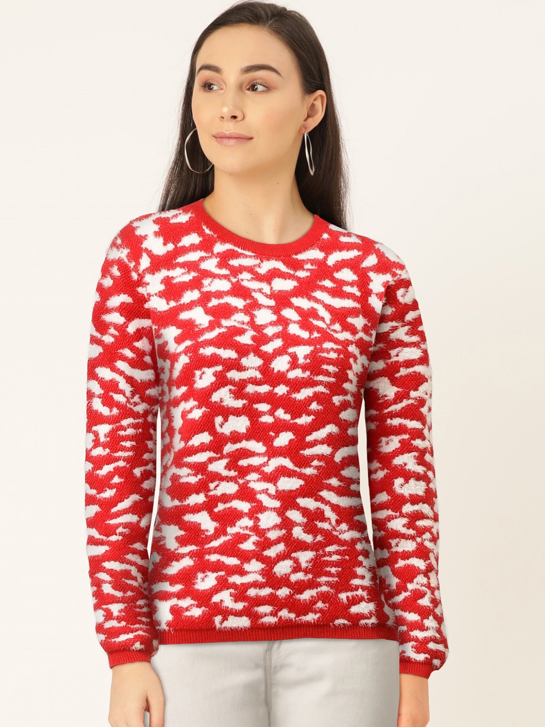 

Madame Women Red & White Self-Design Acrylic Pullover