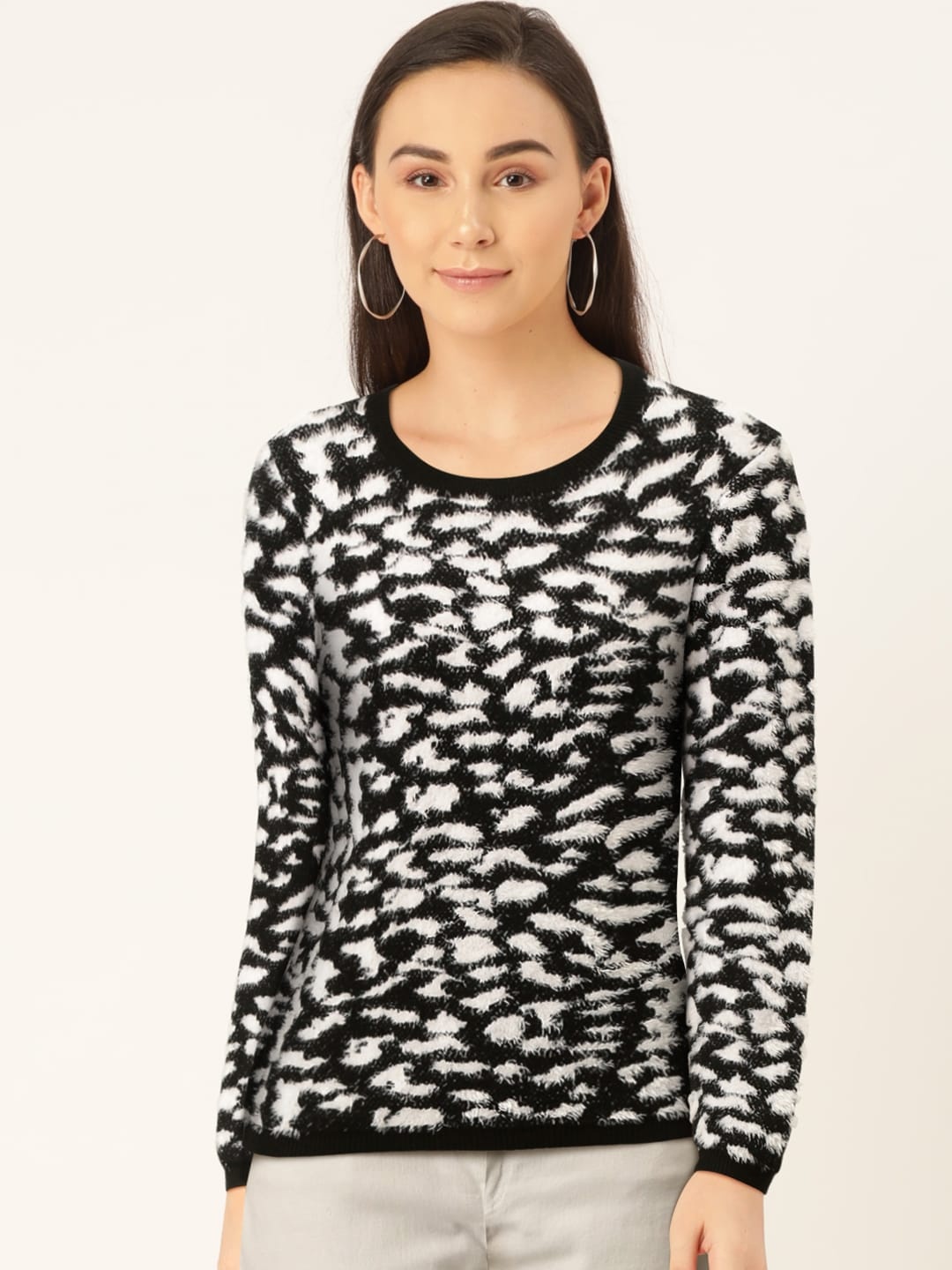 

Madame Women Black & White Fuzzy Self-Design Pullover