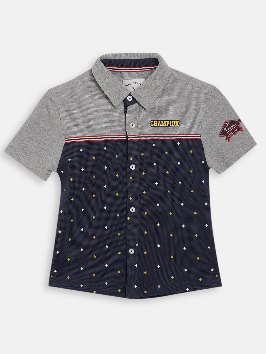 

Blue Giraffe Boys Grey & Navy Blue Regular Fit Colourblocked Casual Shirt