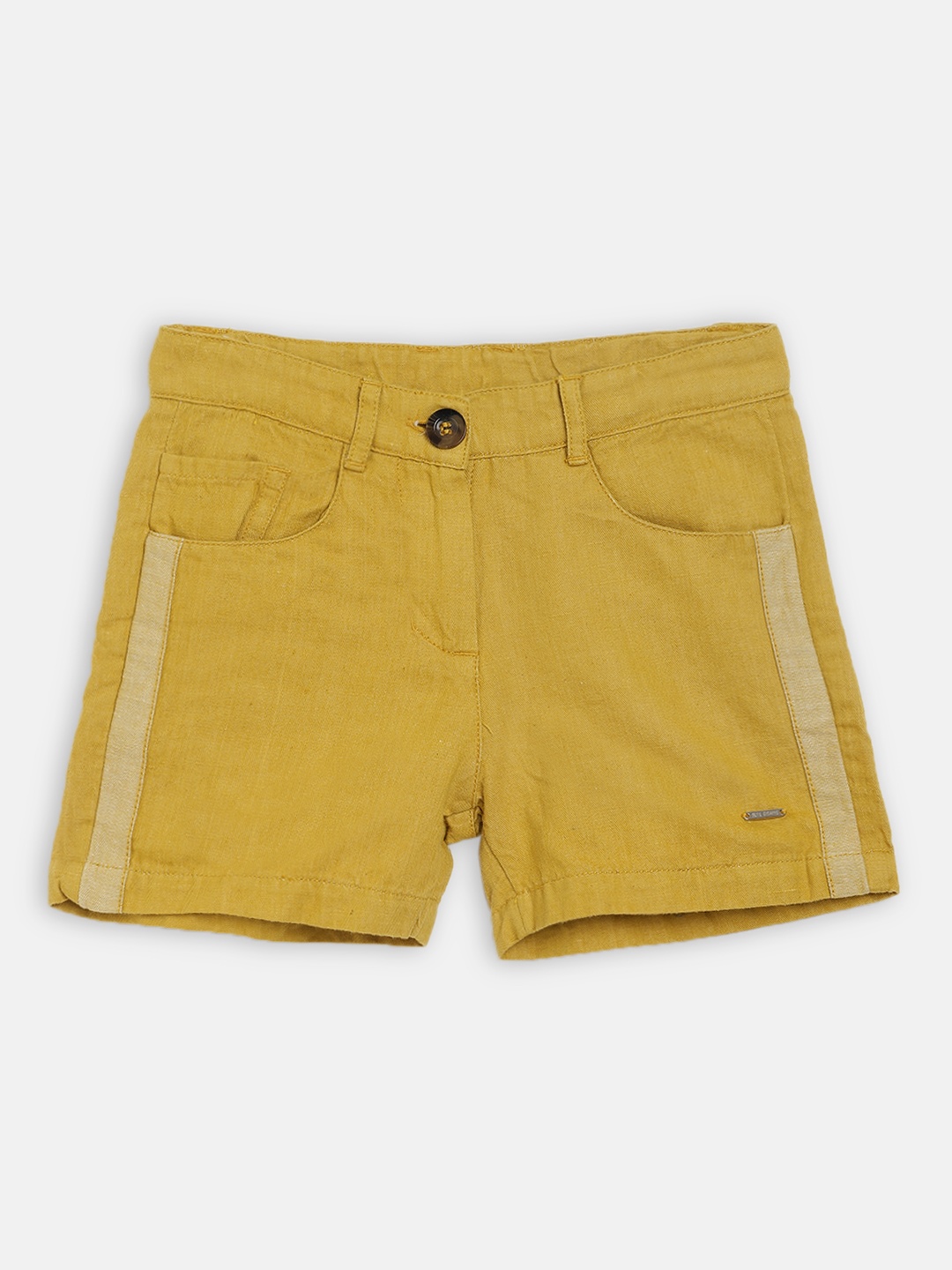 Blue Giraffe Girls Mustard Yellow Solid Slim Fit Regular Linen Shorts