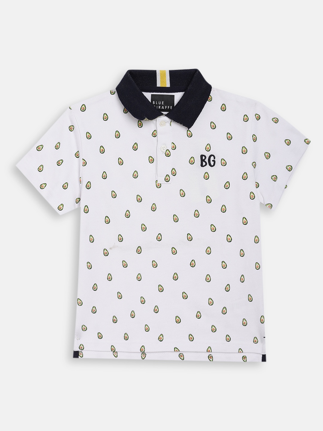 

Blue Giraffe Boys White Printed Polo Collar Pure Cotton T-shirt