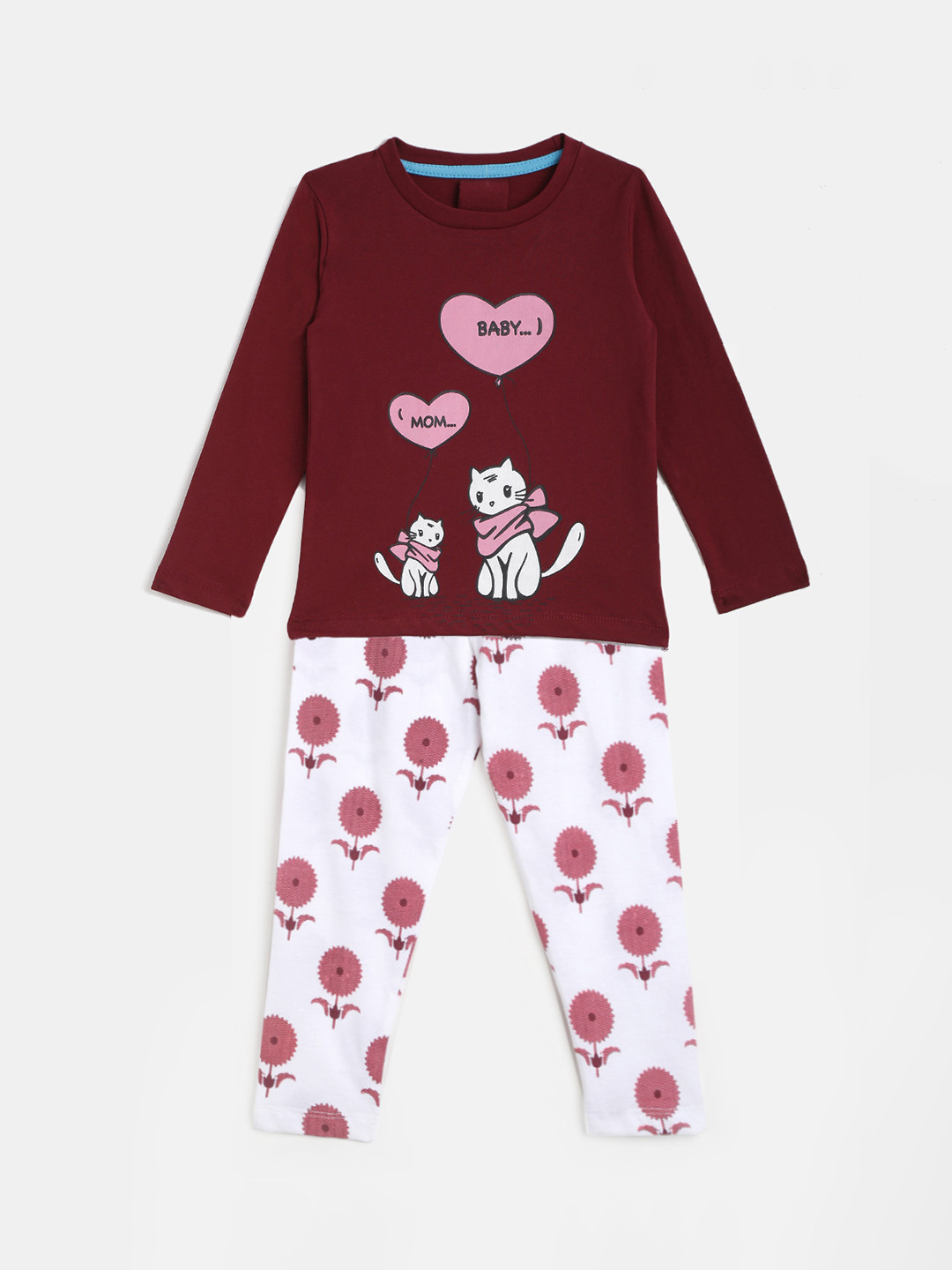 

KIDSCRAFT Girls Maroon & White Printed Night suit
