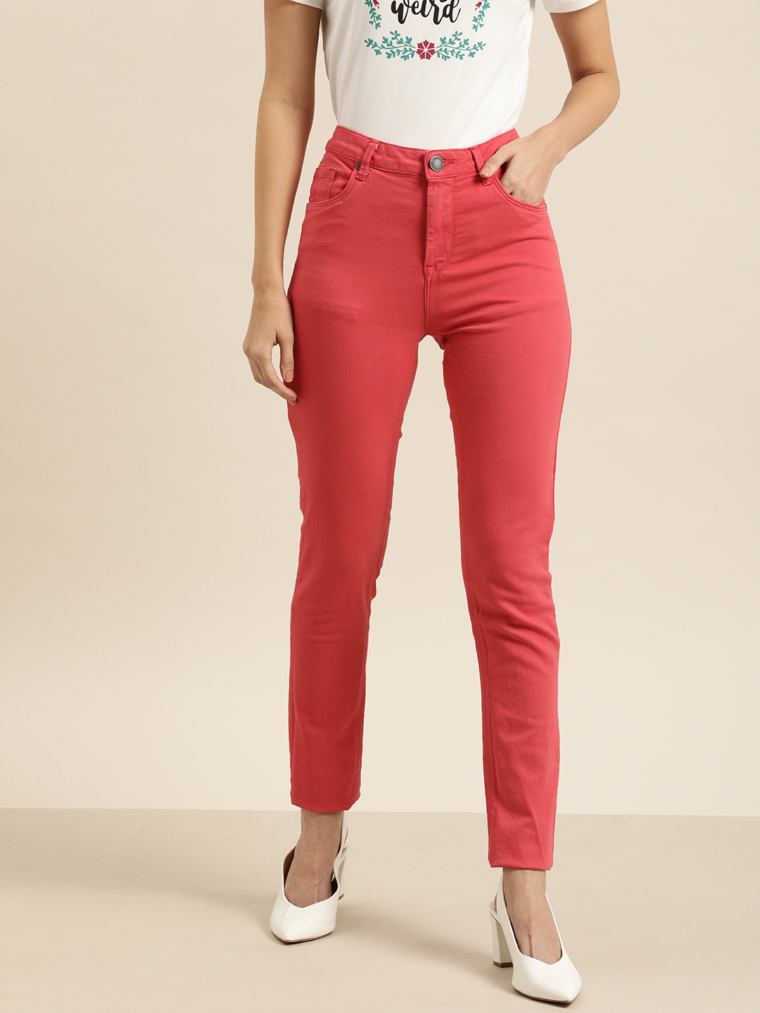 

Moda Rapido Women Coral Red Skinny Fit High-Rise Clean Look Stretchable Jeans