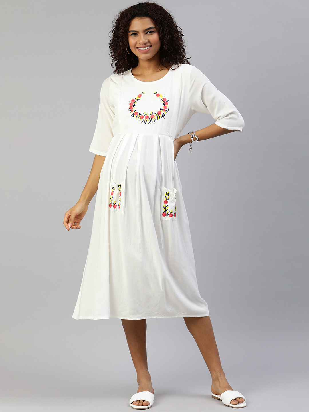 

MomToBe Women White Embroidered A-Line Maternity Feeding Nursing Sustainable Dress