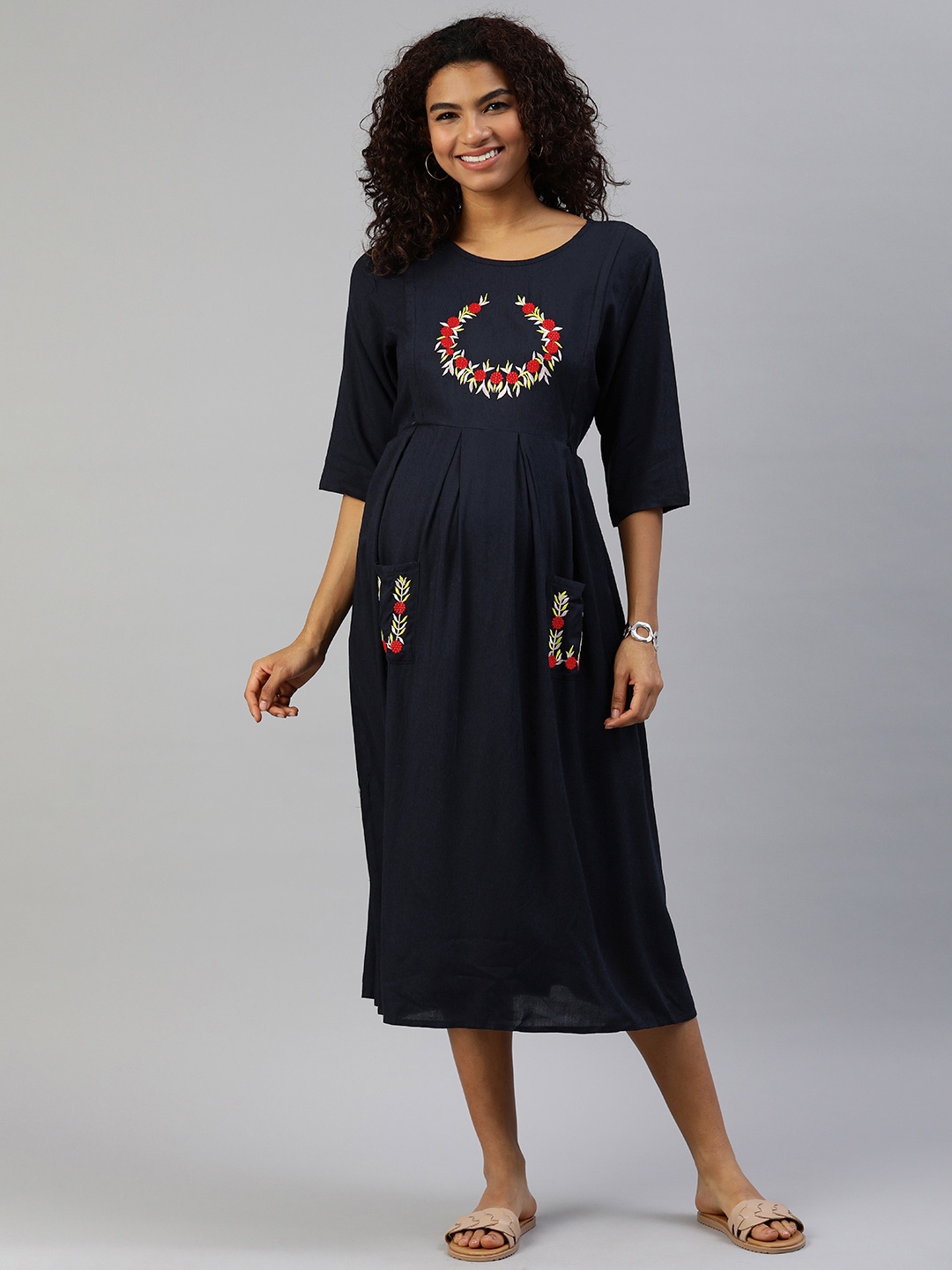 

MomToBe Navy Blue Embroidered Cotton A-Line Maternity Nursing Dress