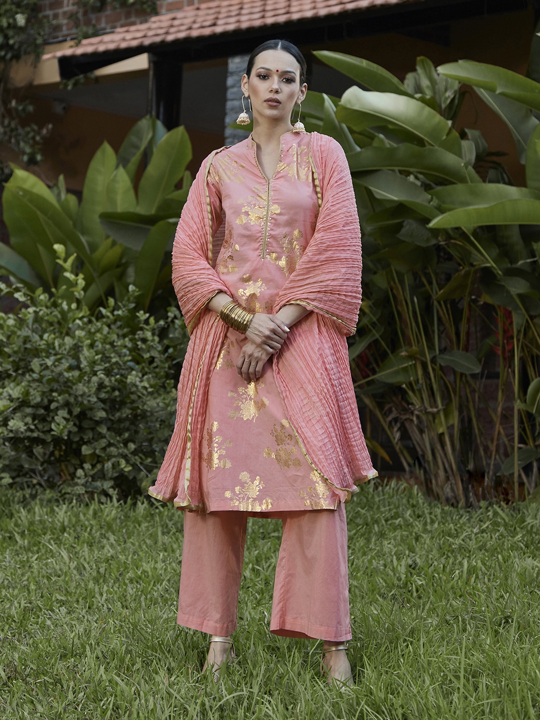 

Biba Women Pink & Gold-Toned Printed Kurta with Palazzos