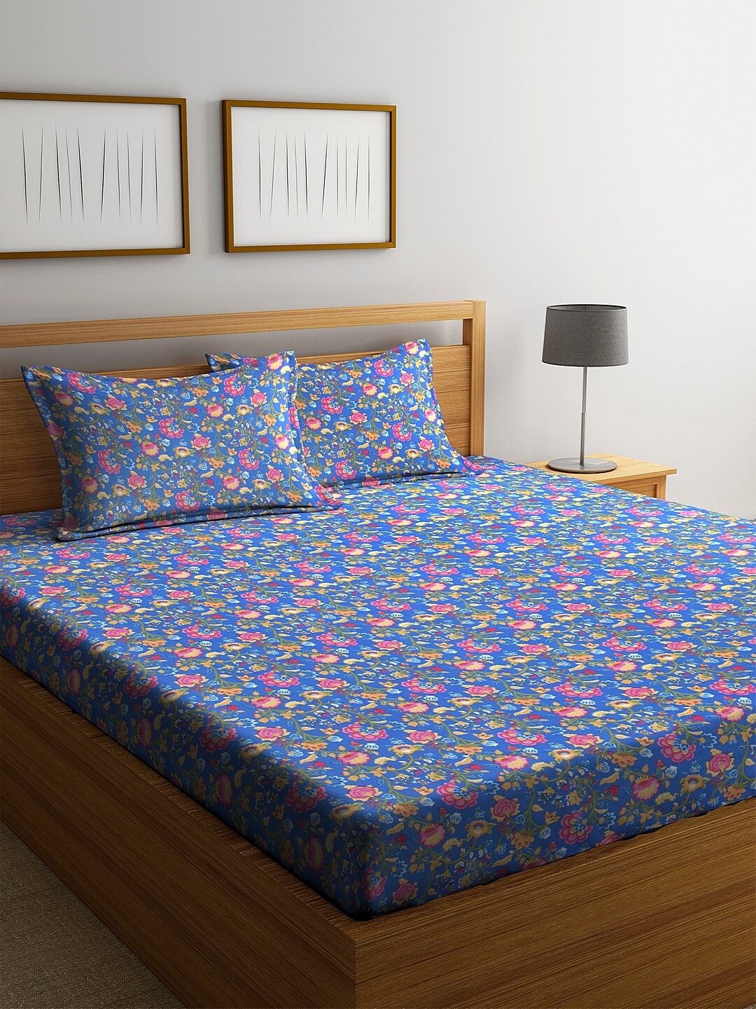 

Cortina Blue & Pink Floral 144 TC Cotton 1 Queen Bedsheet with 2 Pillow Covers