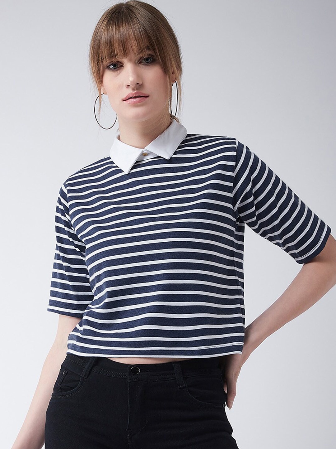 

Miss Chase Women Navy Blue & White Striped Crop Pure Cotton Top