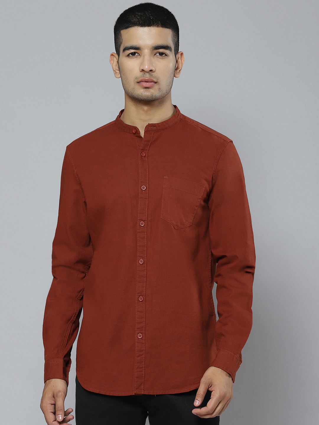 

HIGHLANDER Men Rust Red Cotton Linen Mandarin Collar Casual Shirt