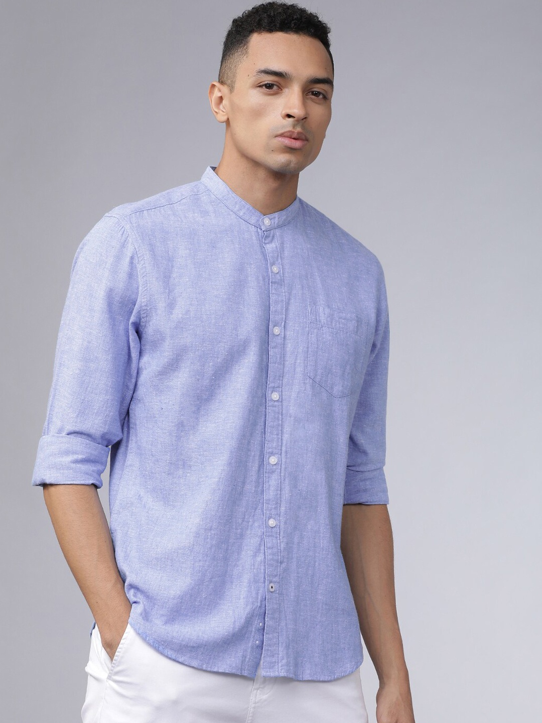 

HIGHLANDER Men Blue Slim Fit Solid Casual Cotton Linen Shirt