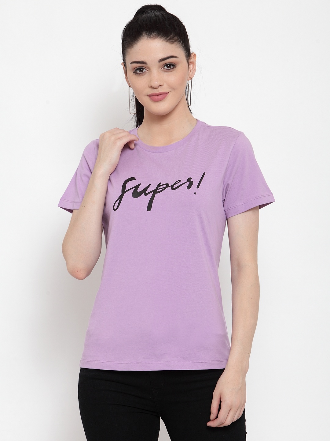 

DOOR74 Women Lavender Printed Round Neck T-shirt