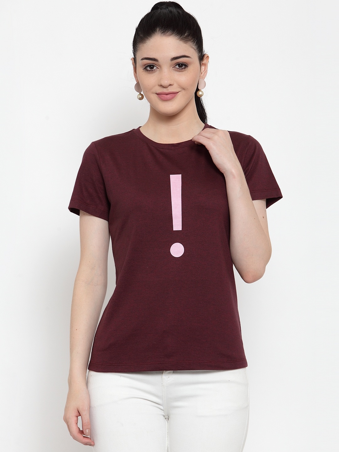 

DOOR74 Women Maroon Printed Round Neck T-shirt