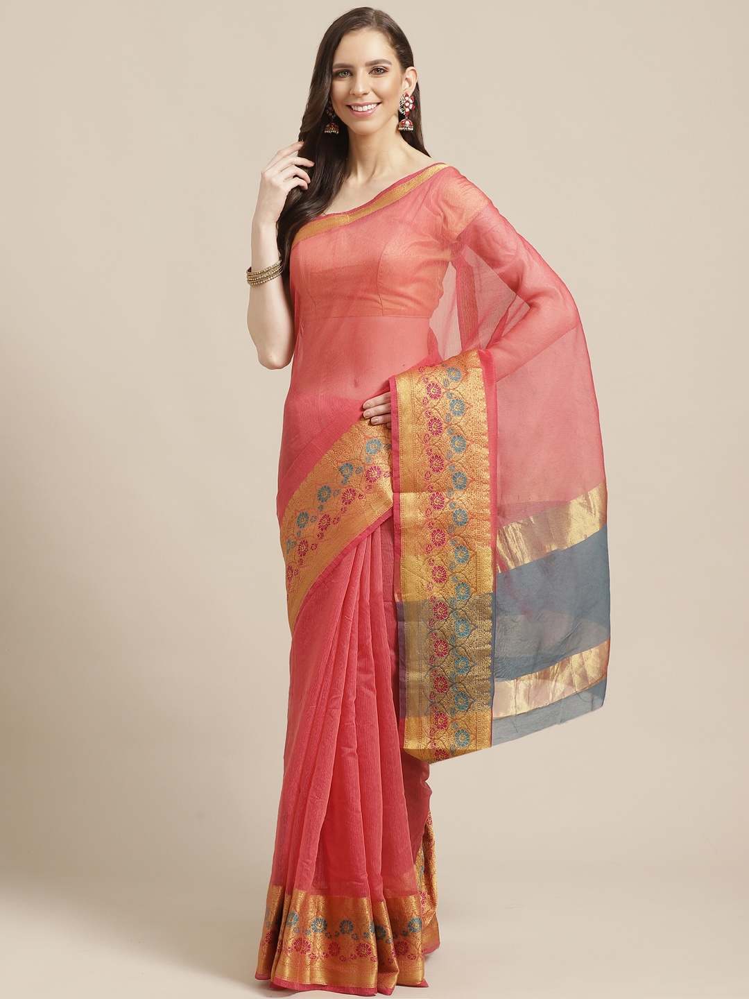 

KALINI Pink & Golden Solid Saree