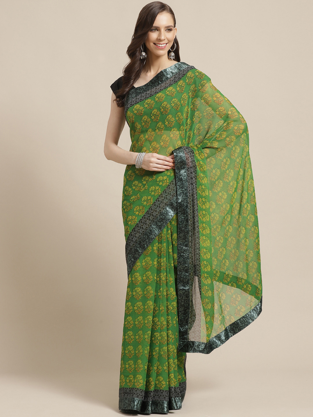 

KALINI Green & Yellow Floral Print Saree
