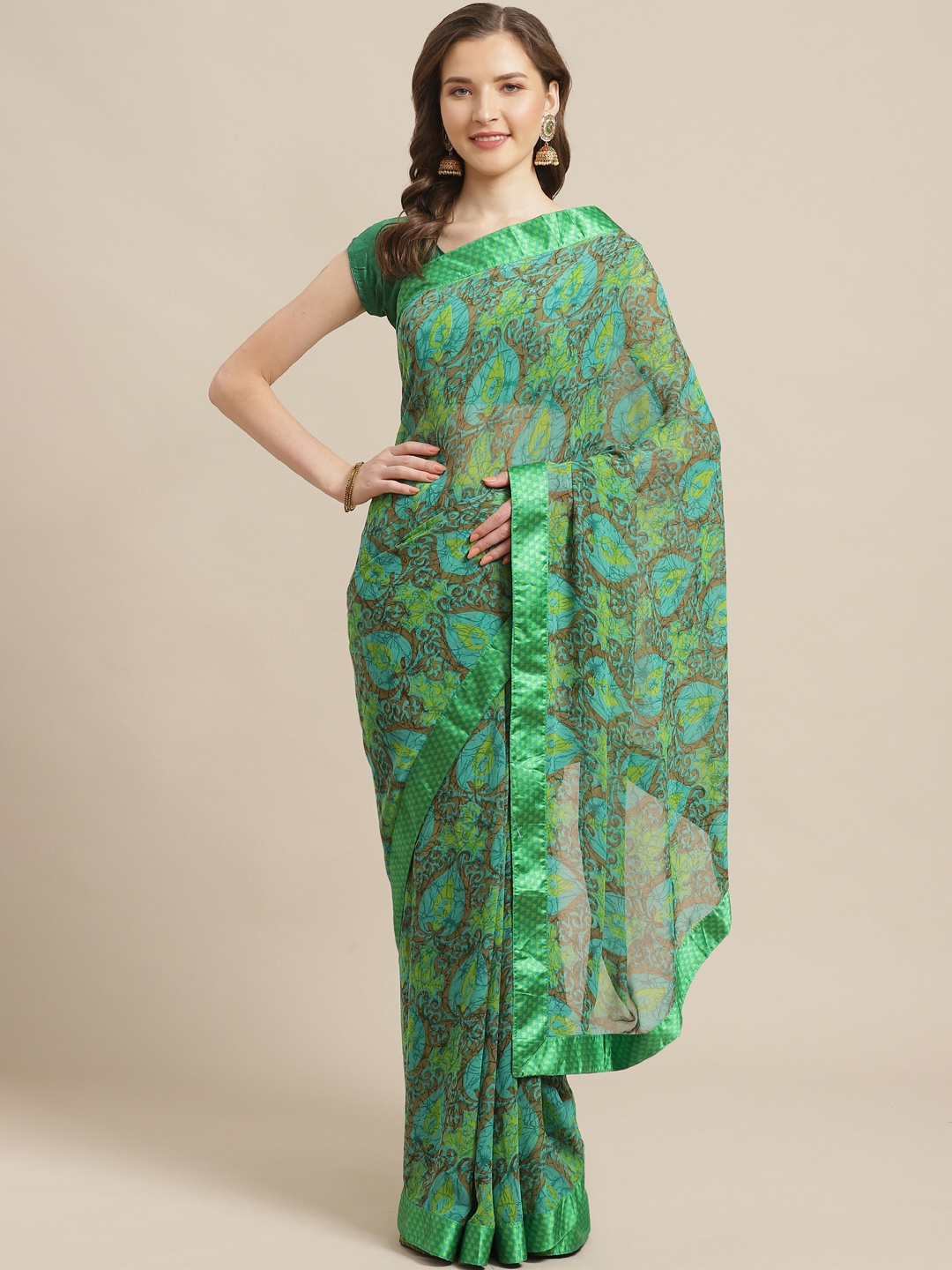 

KALINI Green & Yellow Printed Saree