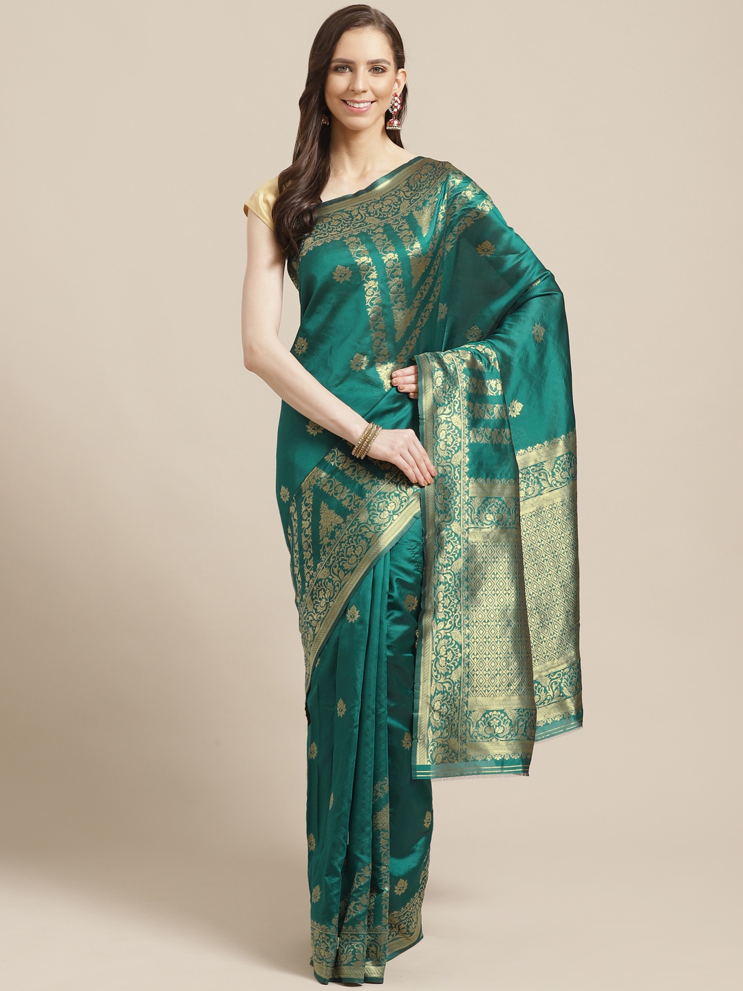 

KALINI Teal Green & Golden Ethnic Zari Woven Design Saree