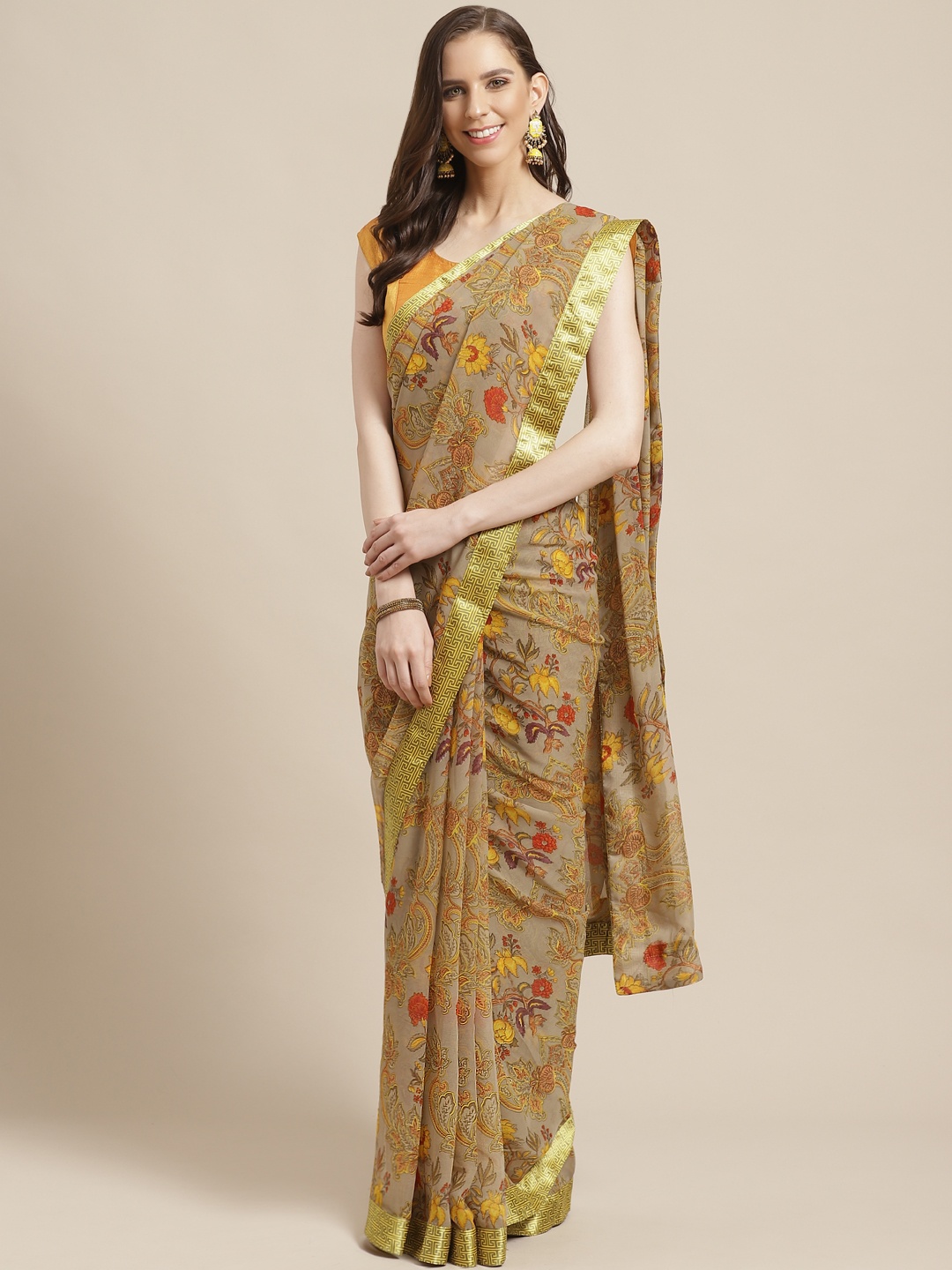 

KALINI Taupe & Mustard Yellow Floral Printed Saree