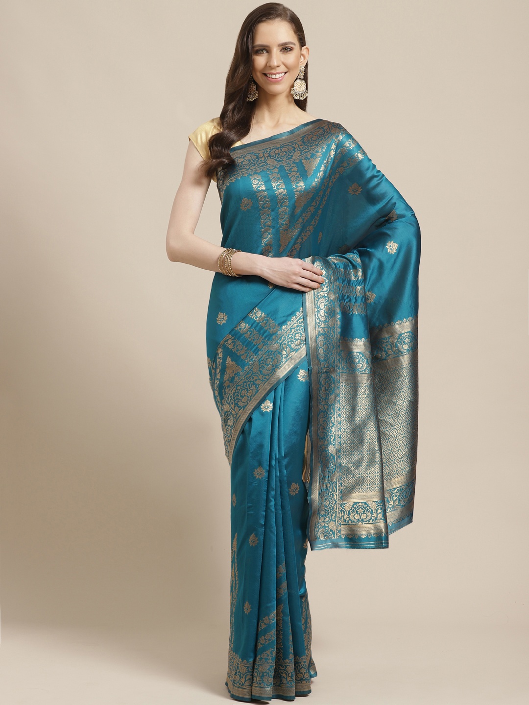 

KALINI Teal Blue & Silver Ethnic Zari Woven Design Saree