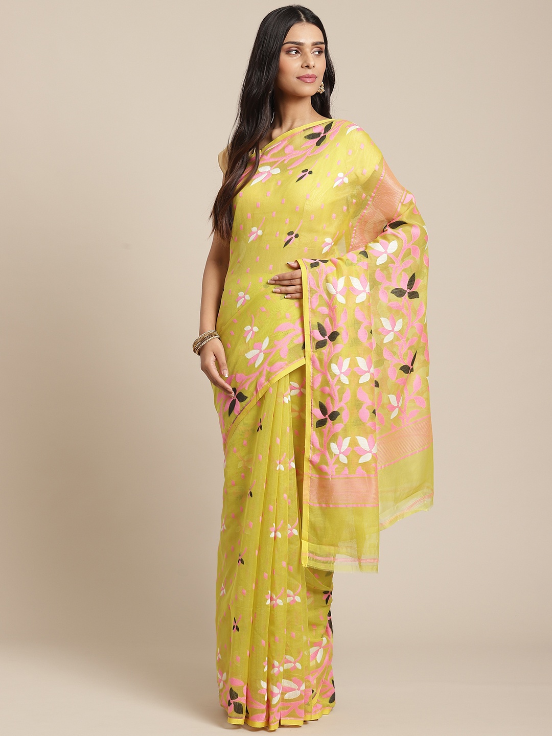 

Laa Calcutta Lime Green & Pink Floral Woven Design Dhakai Jamdani Saree