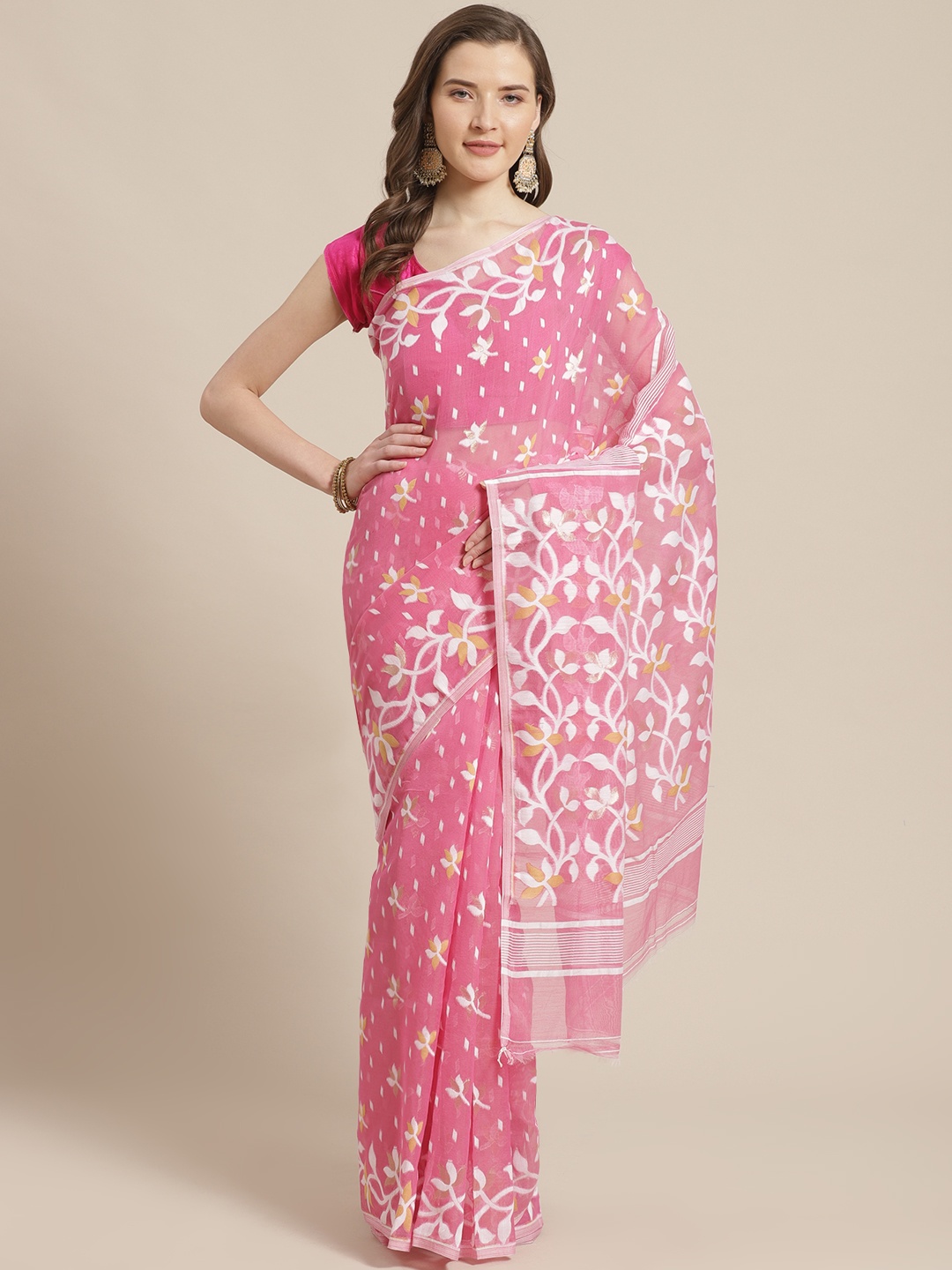 

Laa Calcutta Pink & White Floral Woven Design Dhakai Jamdani Saree