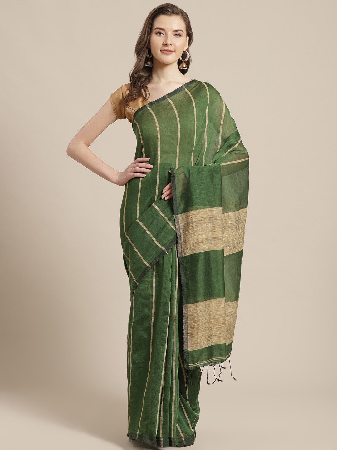 

Laa Calcutta Green & Beige Striped Bengal Handloom Taant Saree