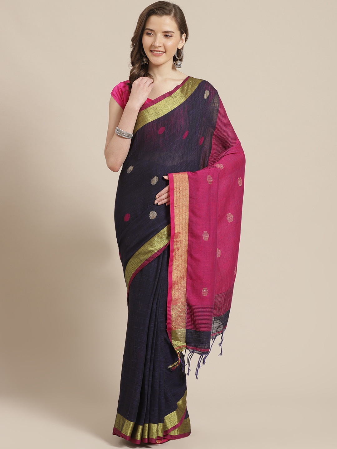 

Laa Calcutta Navy Blue & Magenta Woven Design Bengal Handloom Taant Saree