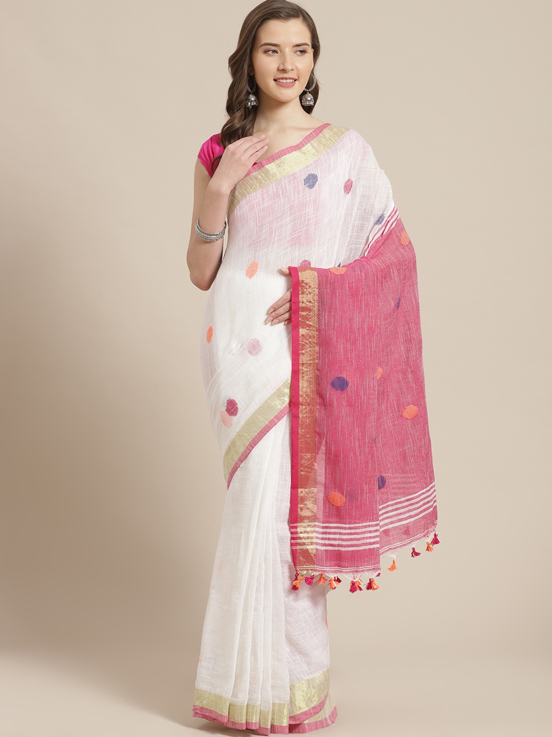 

Laa Calcutta White & Pink Polka Dot Woven Design Bengal Handloom Taant Saree