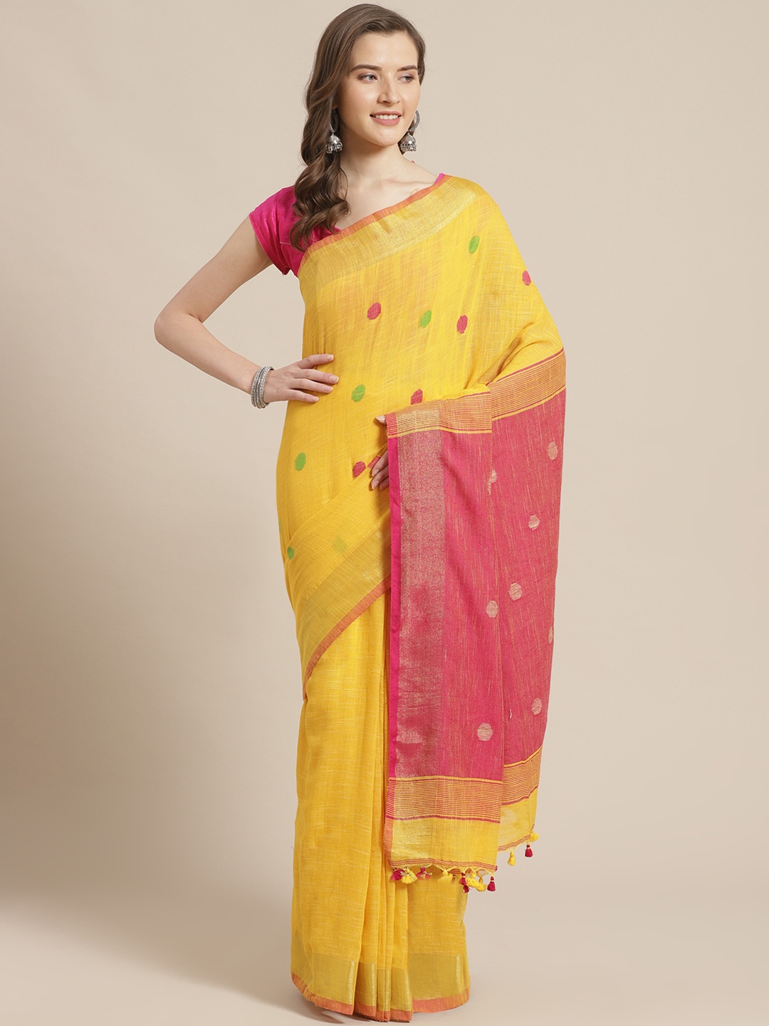 

Laa Calcutta Yellow & Pink Polka Dot Woven Design Bengal Handloom Taant Saree