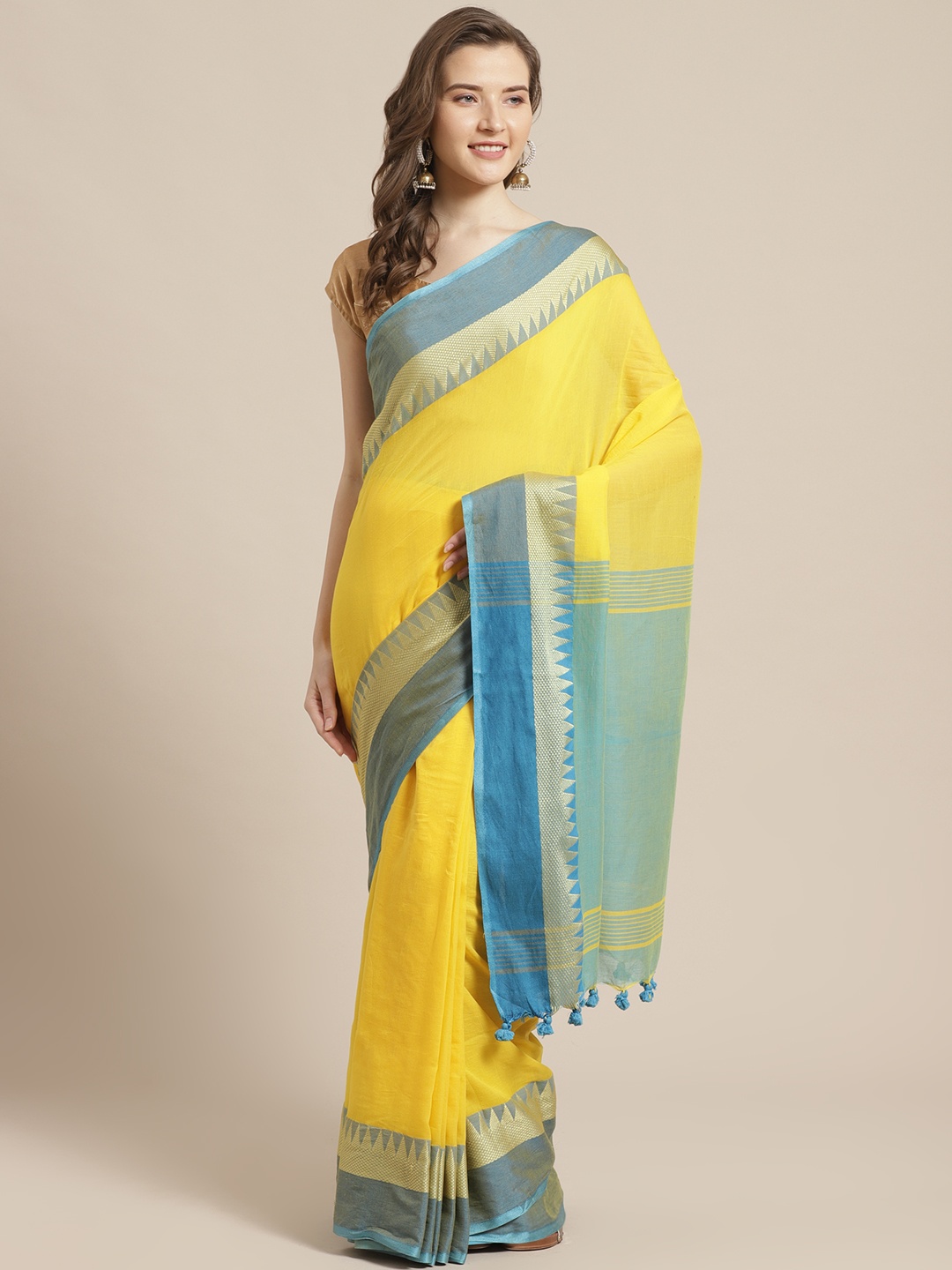 

Laa Calcutta Yellow & Blue Pure Cotton Solid Bengal Handloom Saree