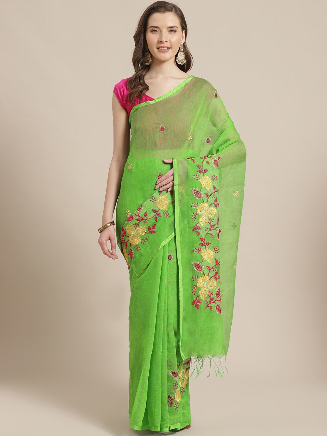 

Laa Calcutta Green Embroidered Handloom Taant Saree