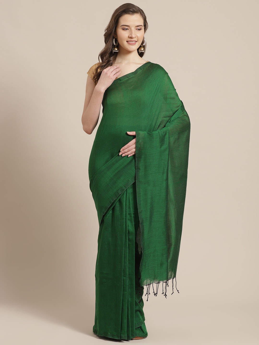 

Laa Calcutta Green Solid Pure Cotton Bengal Handloom Saree