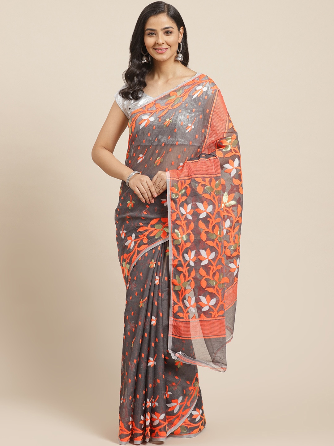 

Laa Calcutta Charcoal Grey & Orange Woven Design Dhakai Jamdani Saree