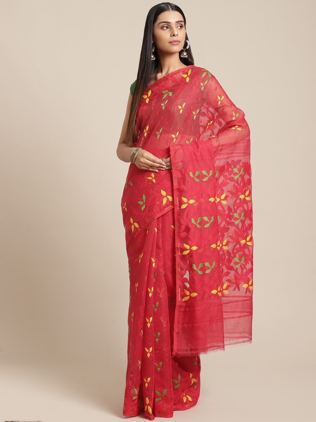 

Laa Calcutta Red & Green Floral Woven Design Jamdani Saree