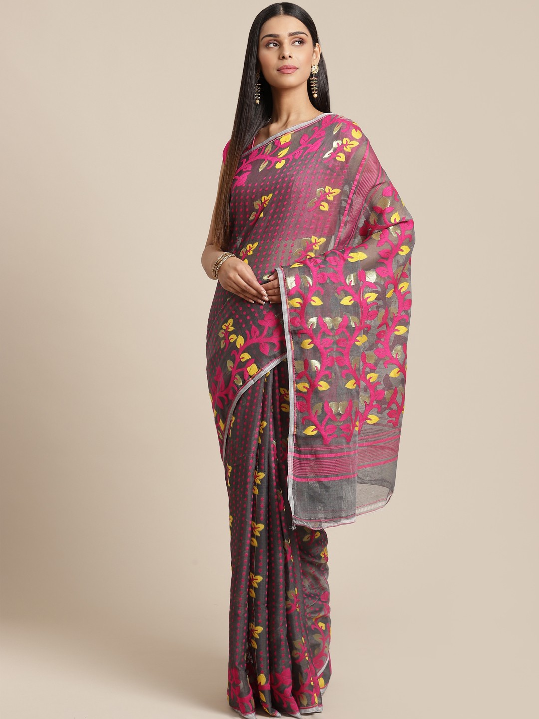

Laa Calcutta Grey & Pink Floral Woven Design Jamdani Saree