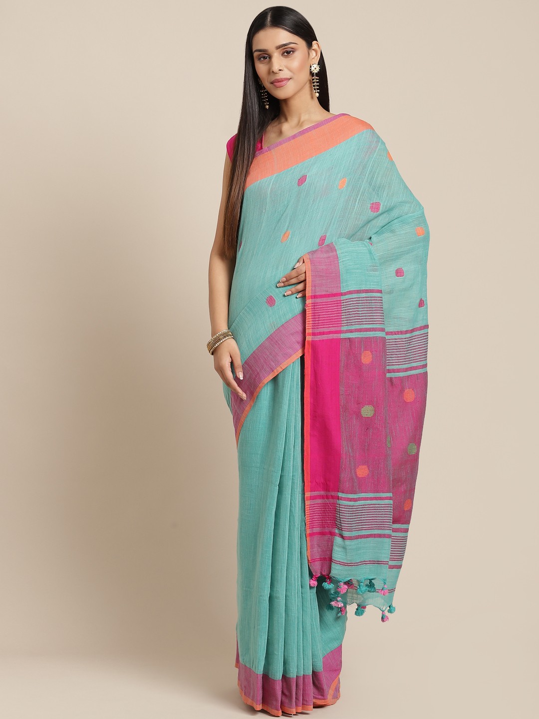 

Laa Calcutta Blue & Pink Woven Design Bengal Handloom Taant Saree