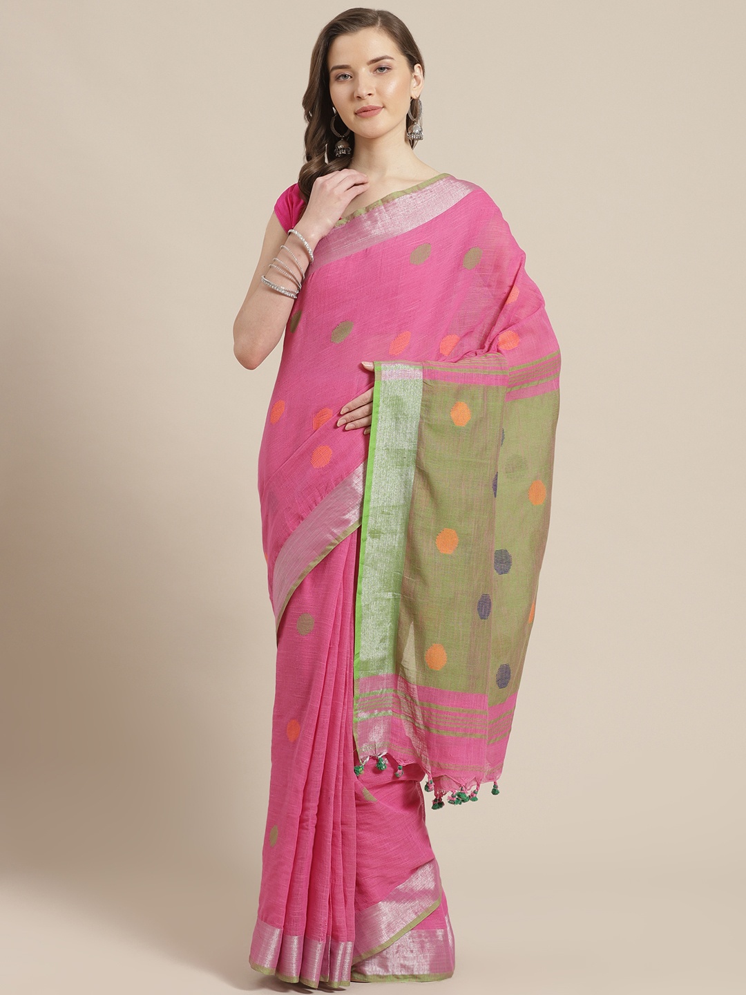 

Laa Calcutta Pink & Green Woven Design Bengal Handloom Taant Saree