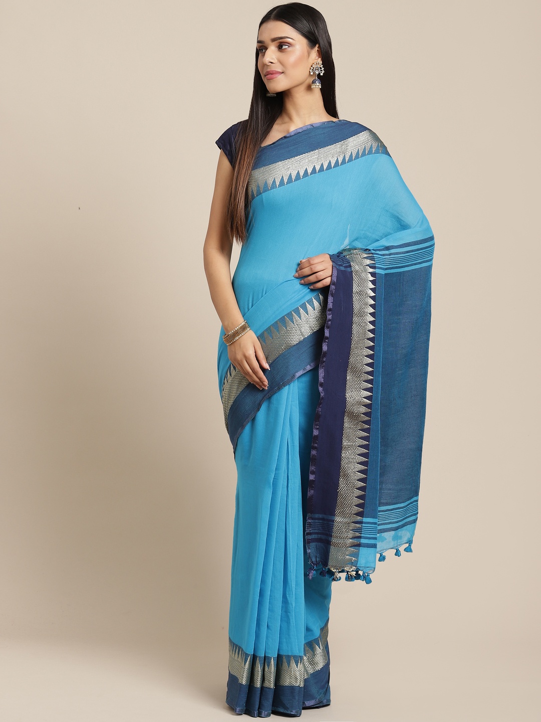 

Laa Calcutta Blue Solid Pure Cotton Bengal Handloom Saree