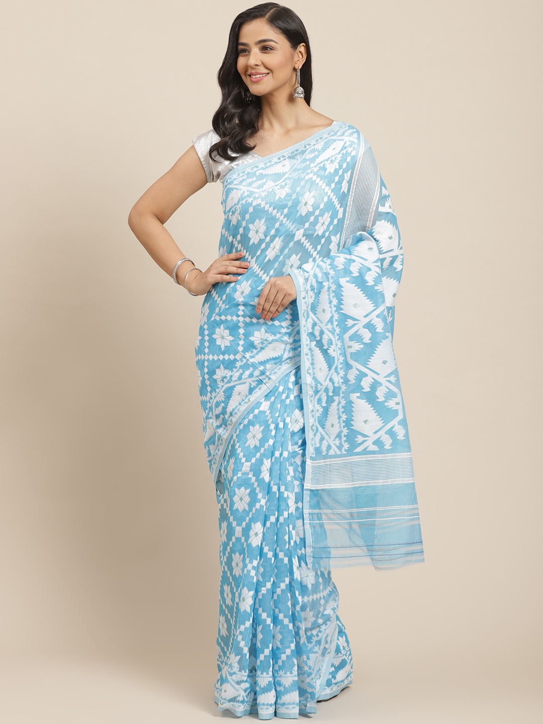 

Laa Calcutta Blue & White Woven Design Dhakai Jamdani Saree