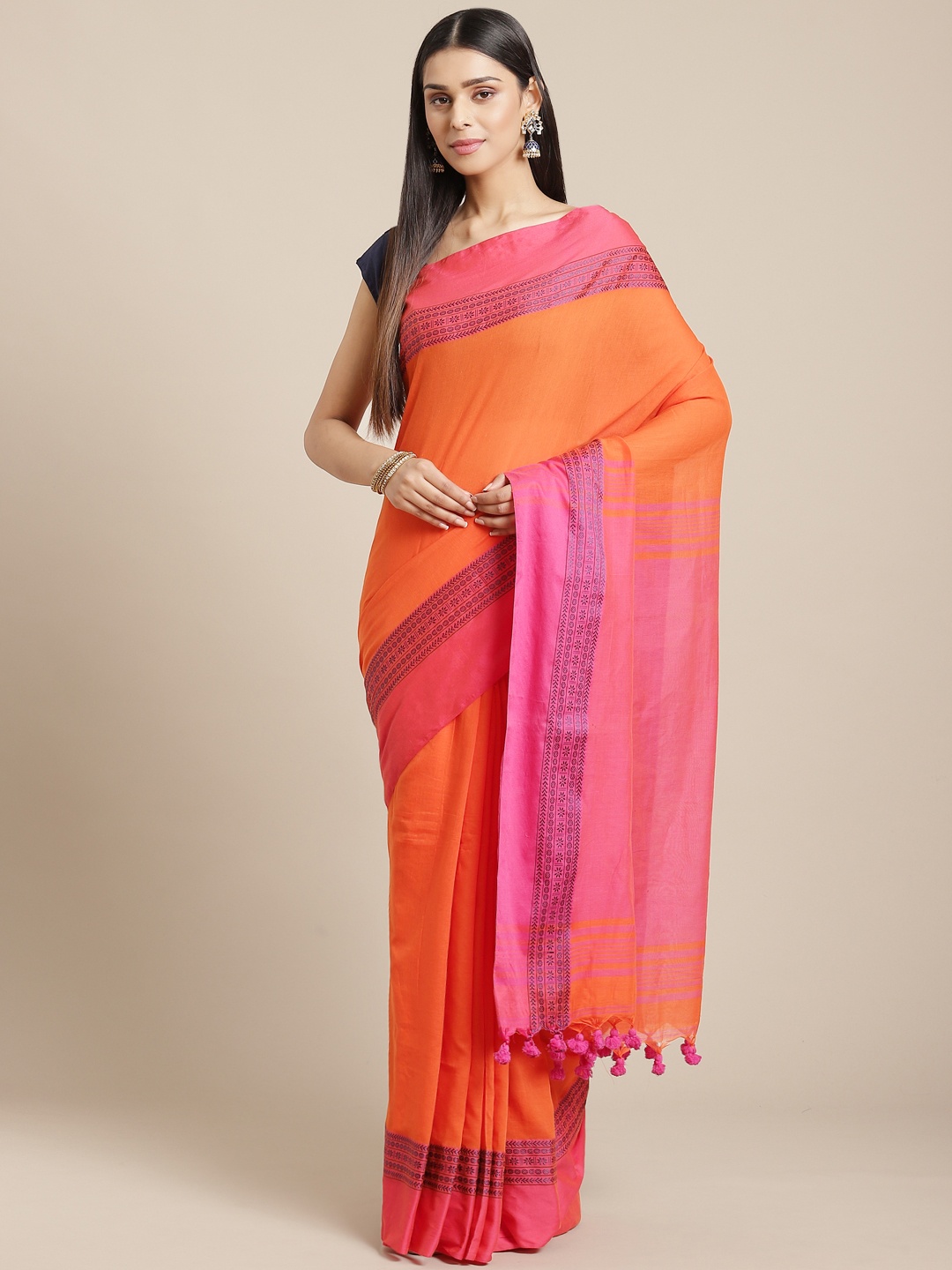

Laa Calcutta Orange & Pink Pure Cotton Solid Bengal Handloom Saree