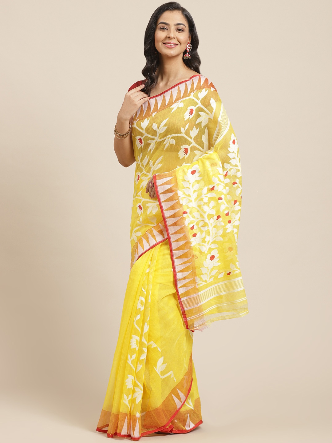 

Laa Calcutta Yellow & White Woven Design Dhakai Jamdani Saree